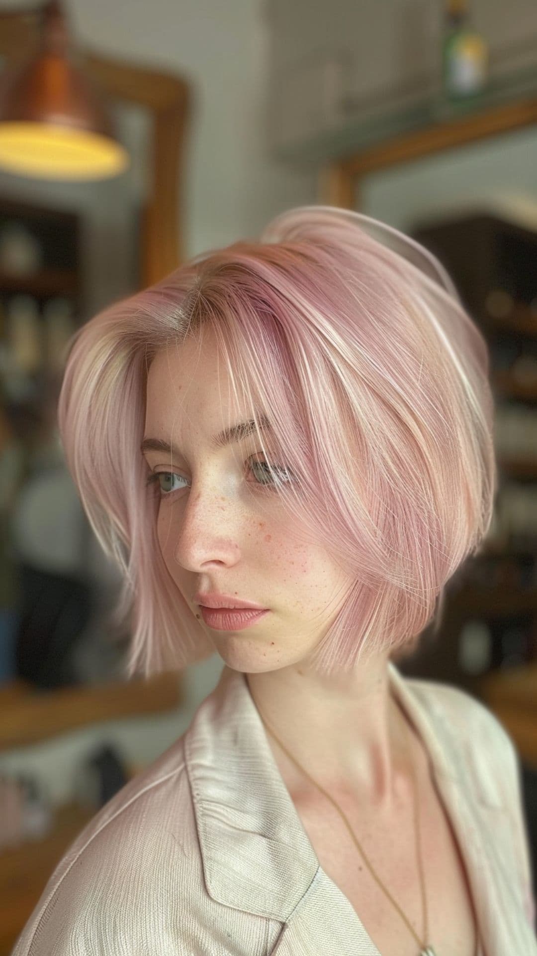 A woman modelling a short pearl pastel pink hair.