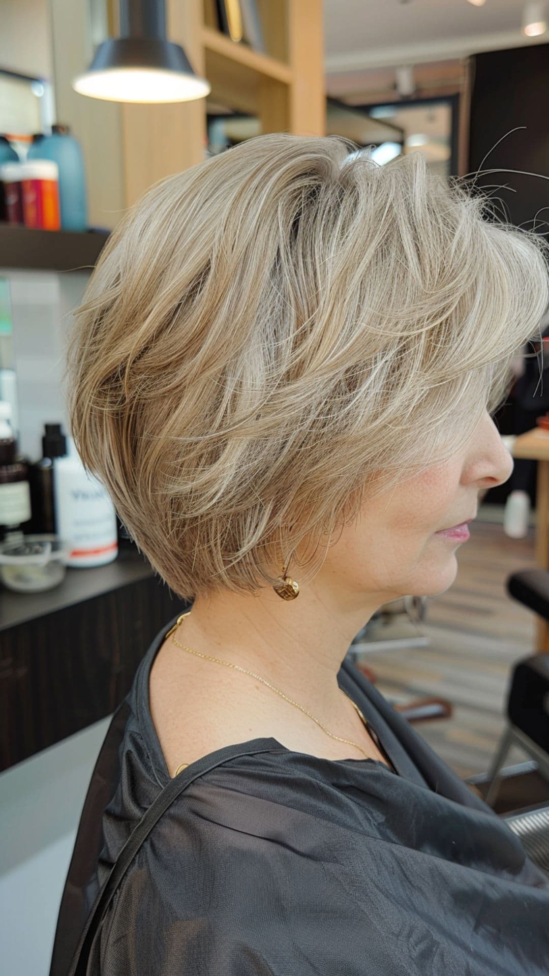 An old woman modelling a pixie bob with multitone blonde.