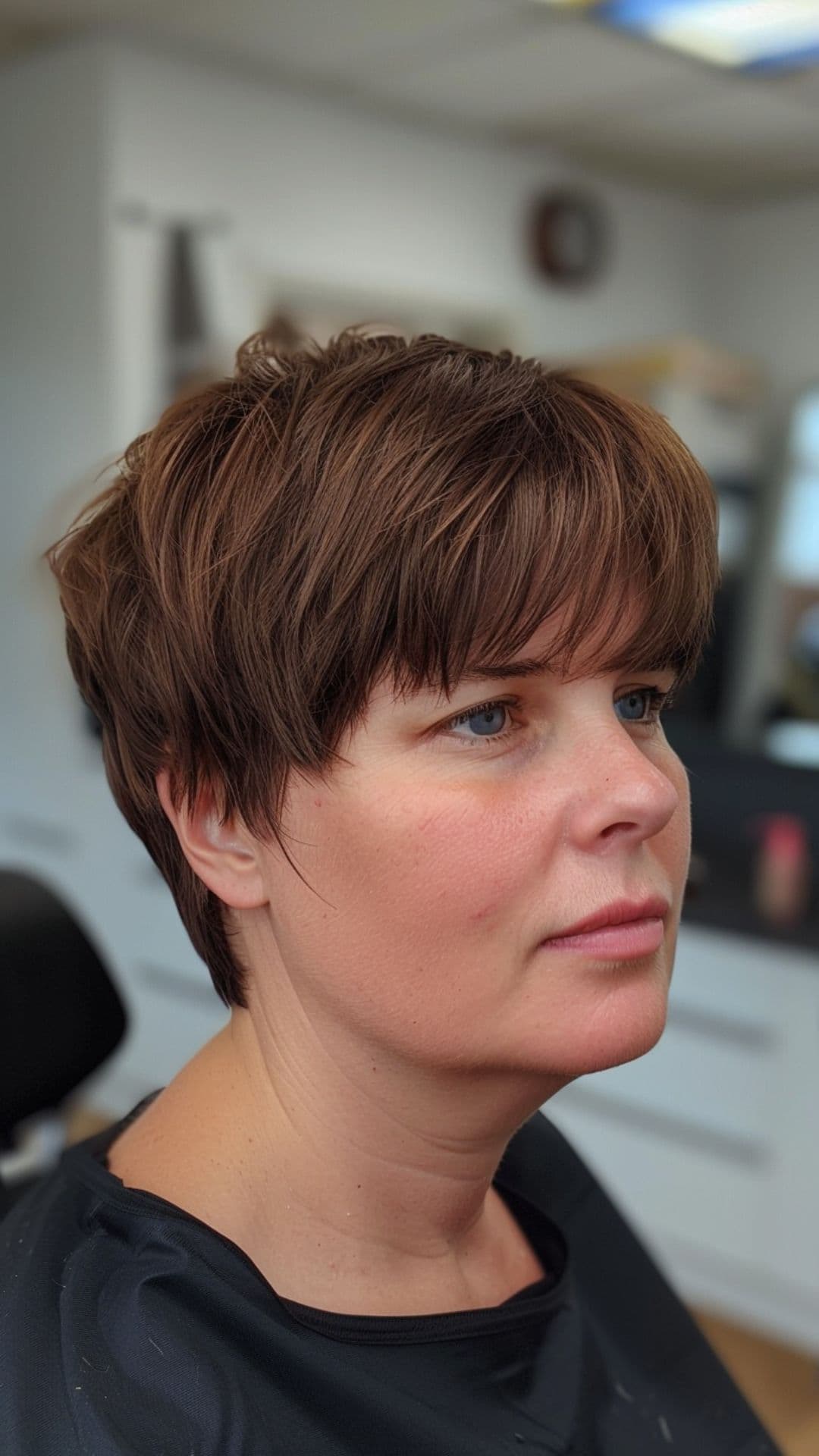 A woman modelling a pixie cut with volume on top.