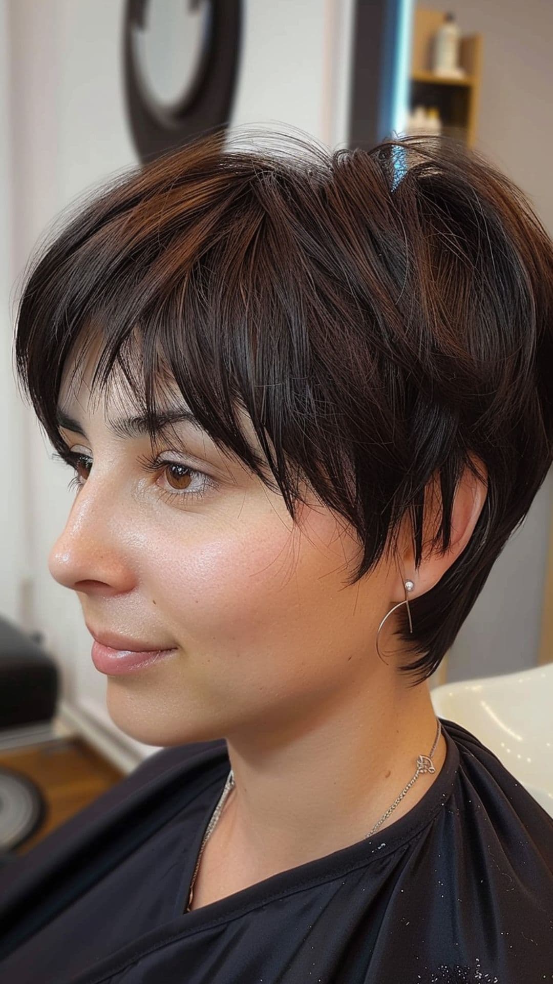 A woman modelling a pixie cut with face-framing layers.