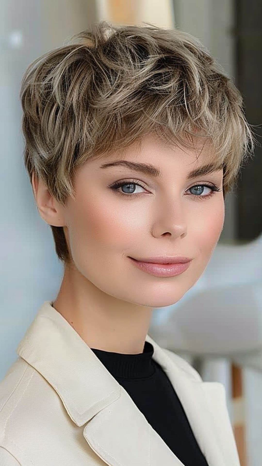 A woman modelling a pixie cut with longer fringe.