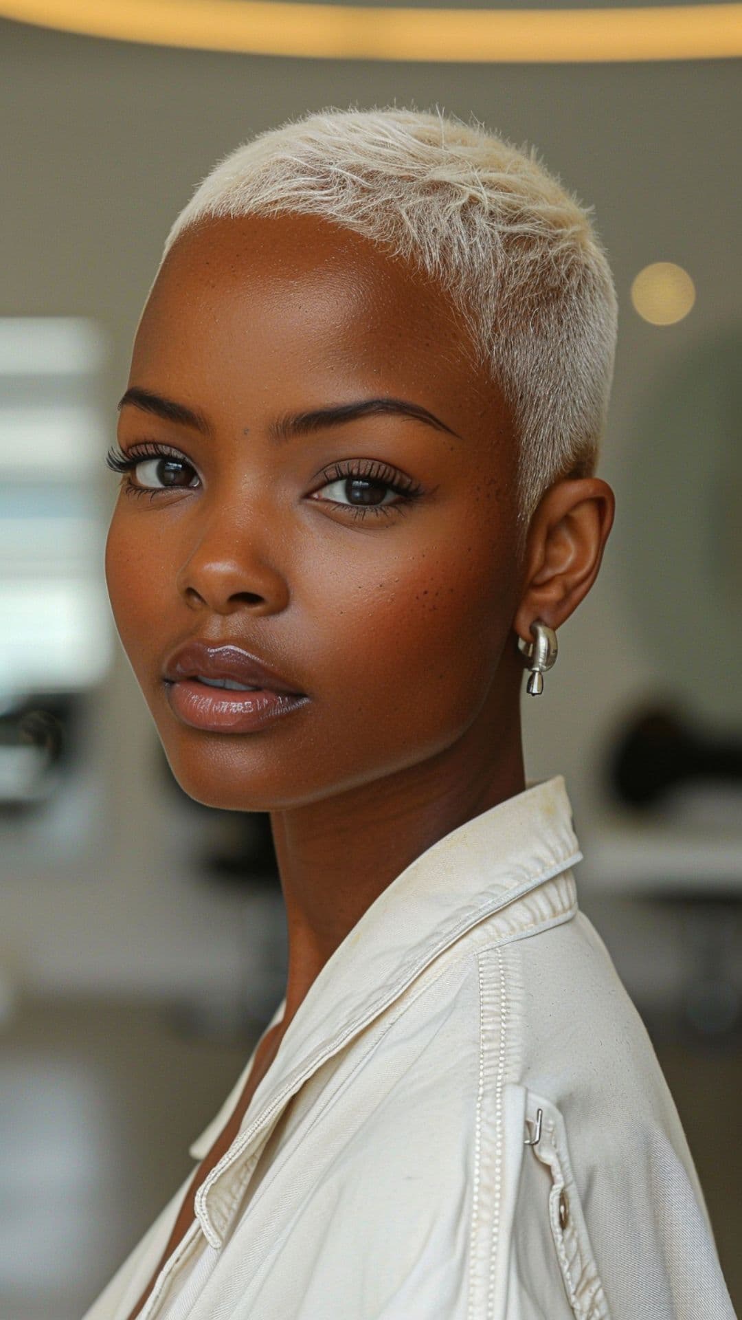 A black woman modelling a platinum blonde buzz cut.