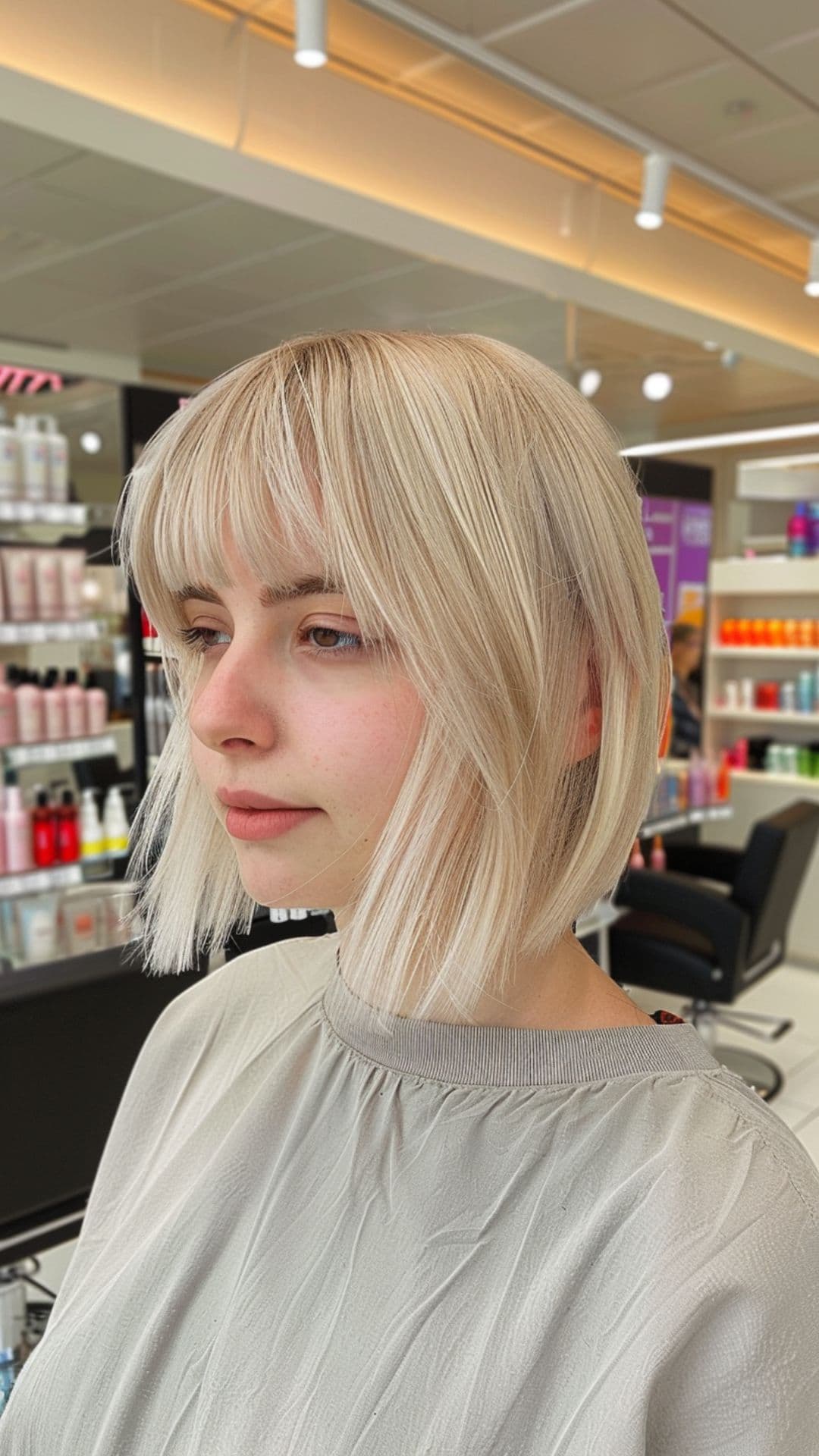 Uma mulher de rosto redondo modelando um bob sem corte loiro platinado com penteado com franja completa.