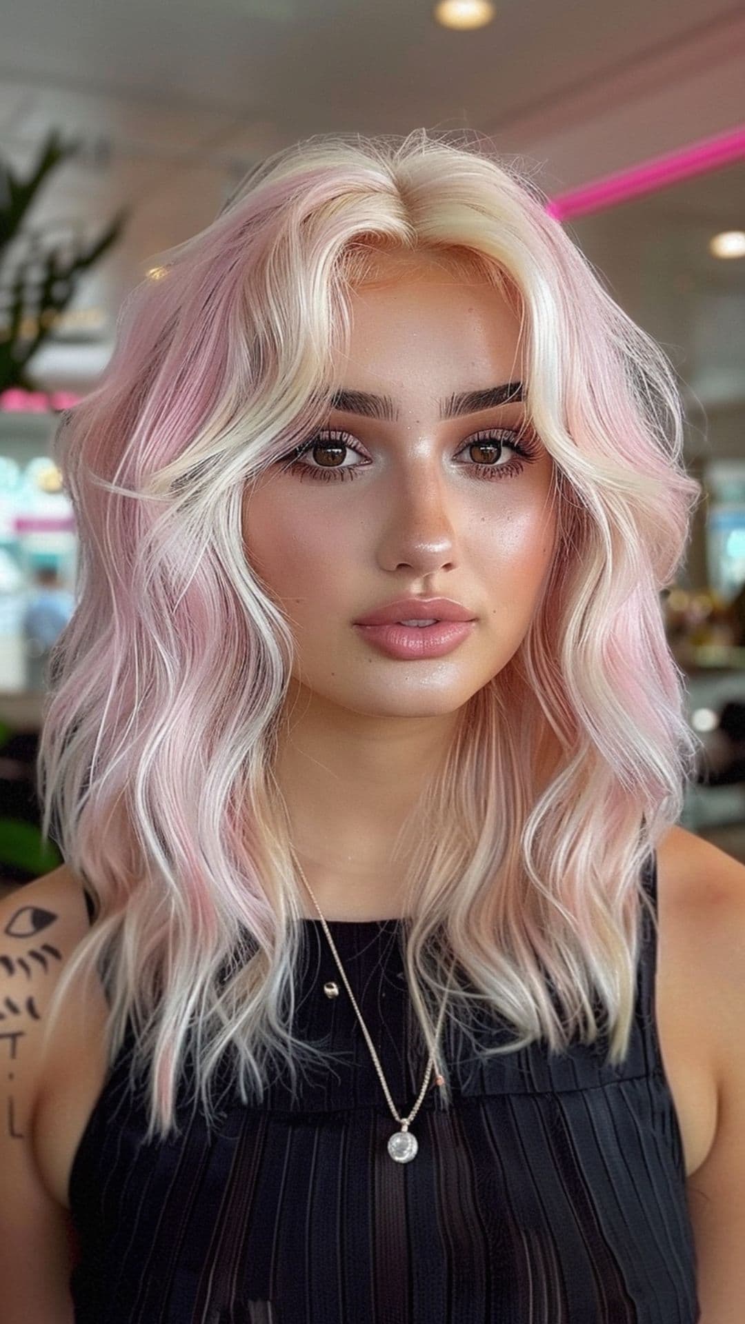 A woman modelling a platinum pastel pink hair.