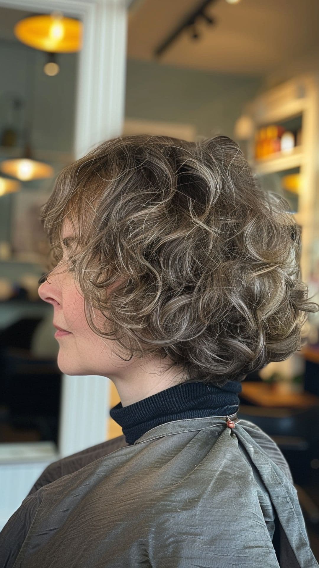 An old woman modelling a curly bob.