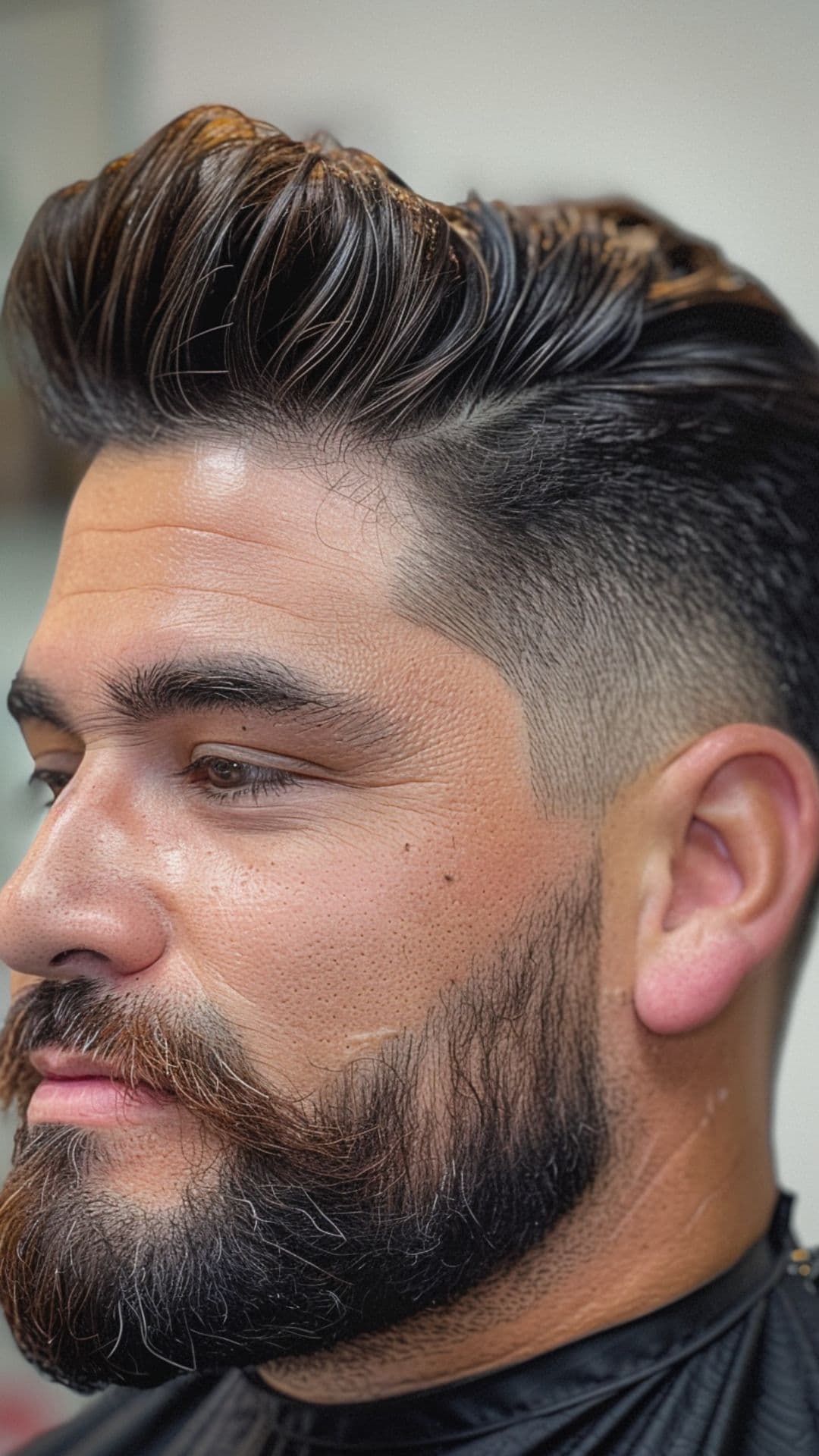 A man modelling a pompadour haircut with beard.