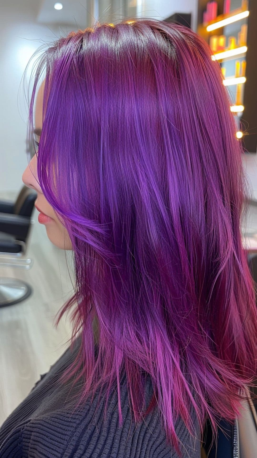 A woman modelling a purple and pink hair.