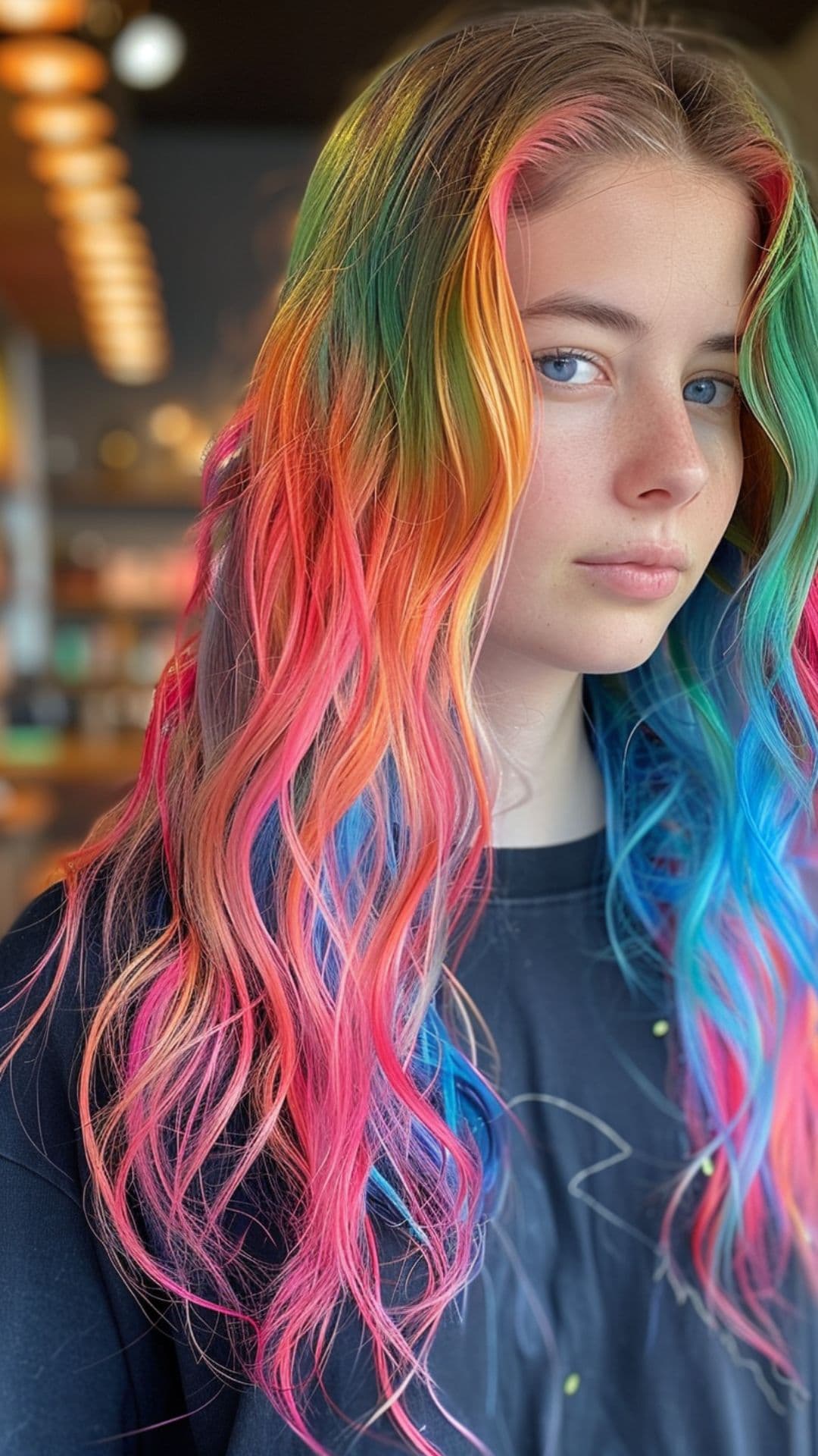 A young woman modelling a rainbow hair.