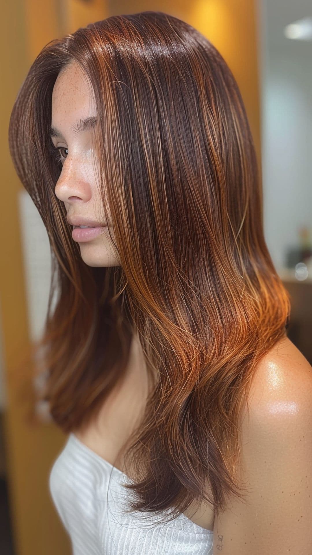 A woman modelling a red velvet copper brown hair.