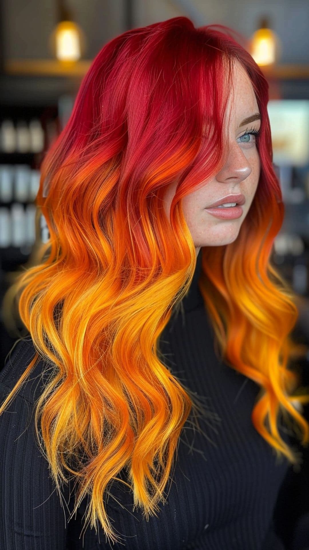 A woman modelling a red and orange hair.