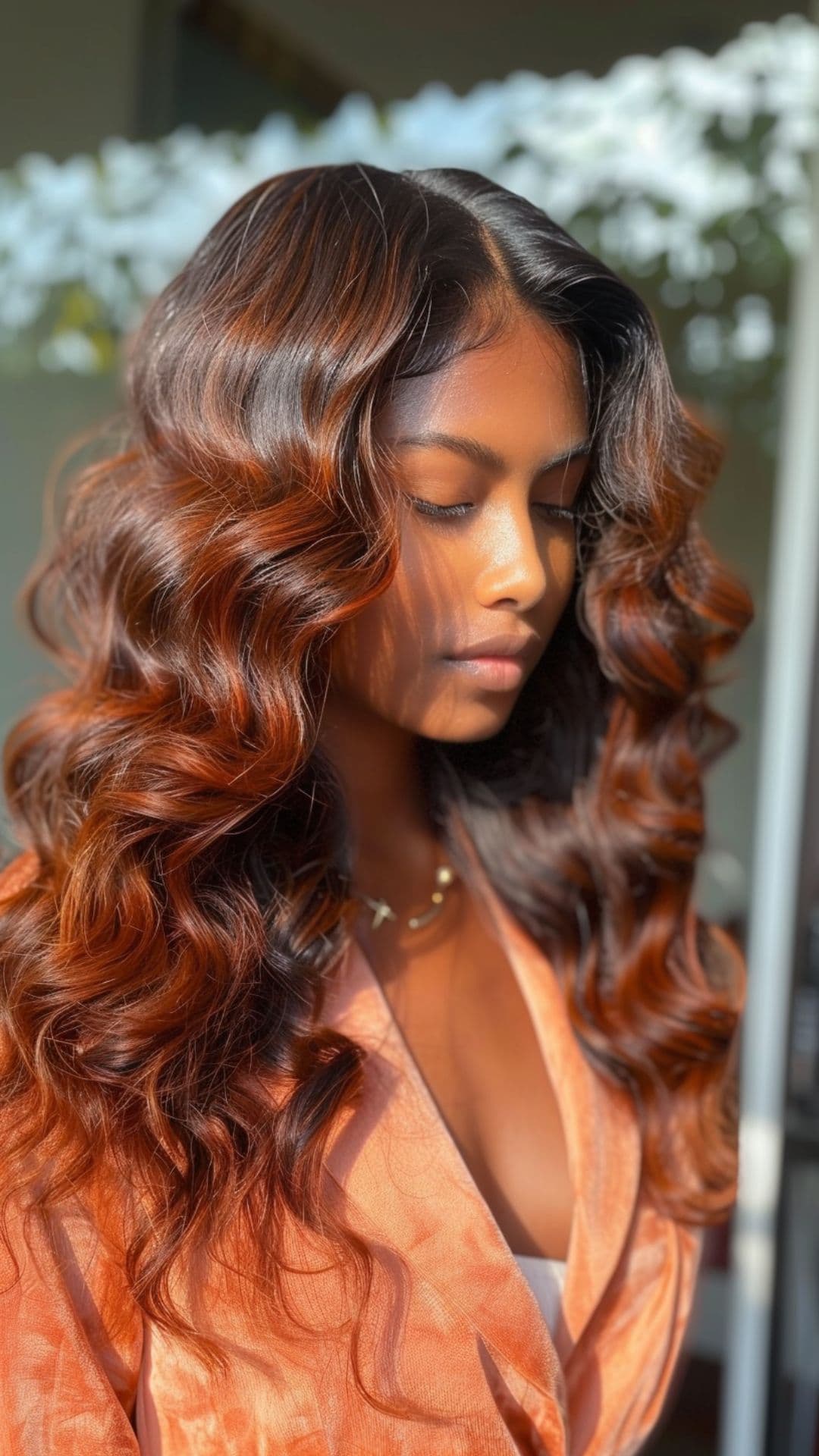 A black woman modelling a rich auburn hair.