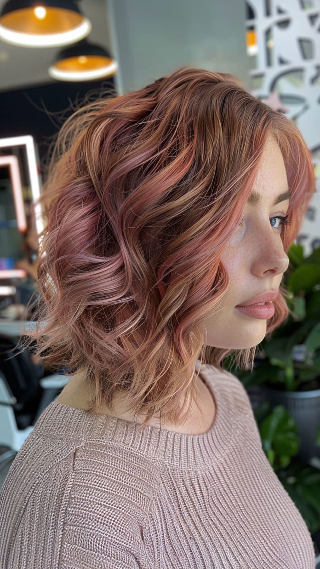 A woman modelling a short rose gold hair.