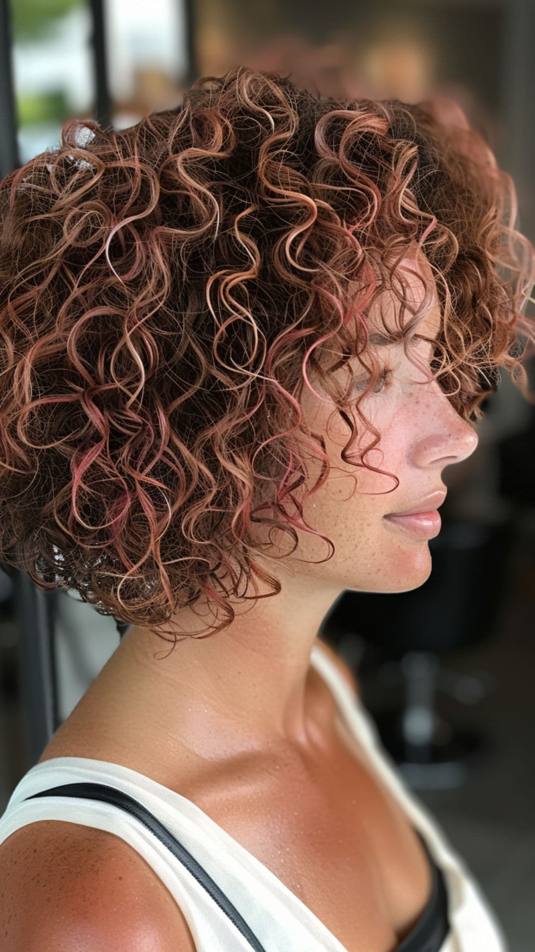 A woman modelling a rose gold highlights on curly hair.