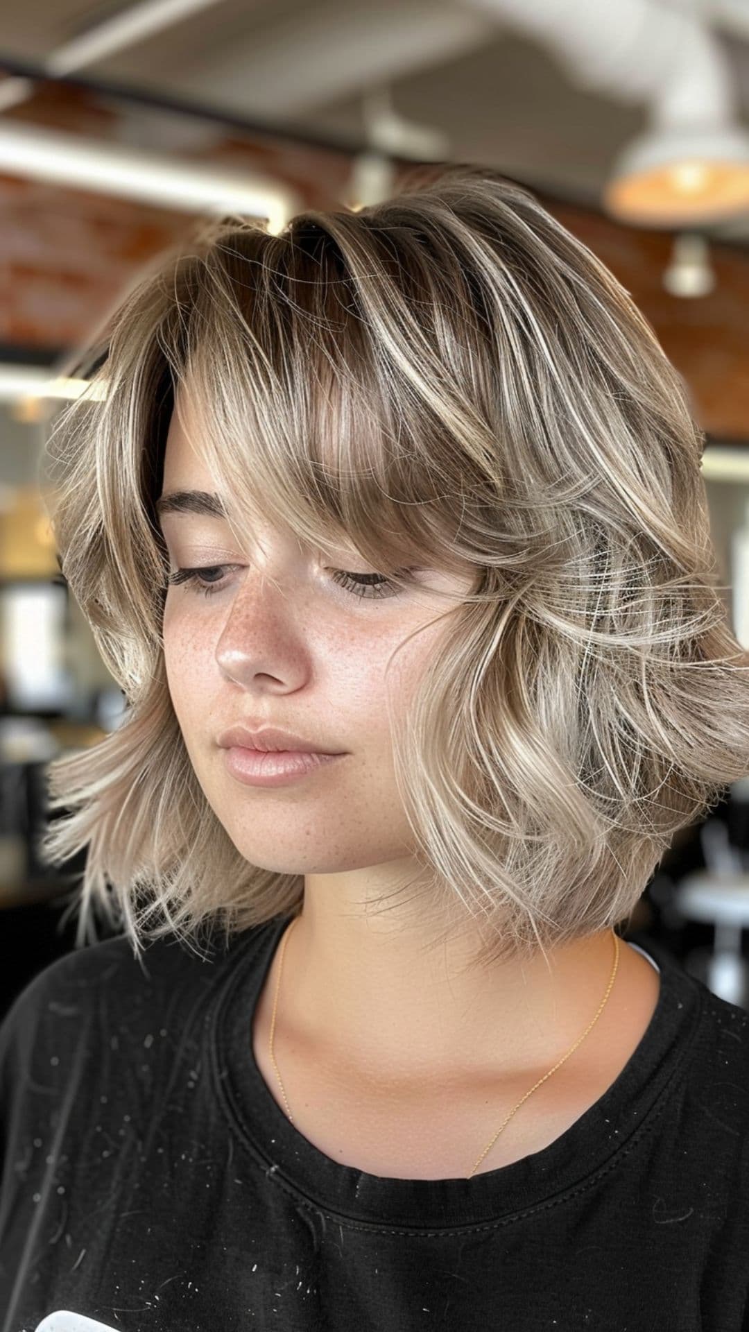 Una mujer modelando un cabello peludo en capas.