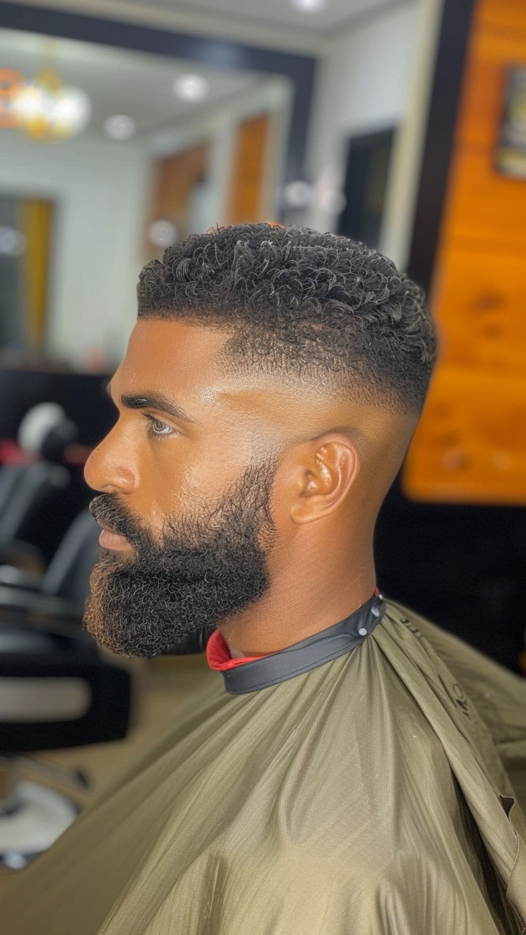 A man modelling a short afro haircut with beard.