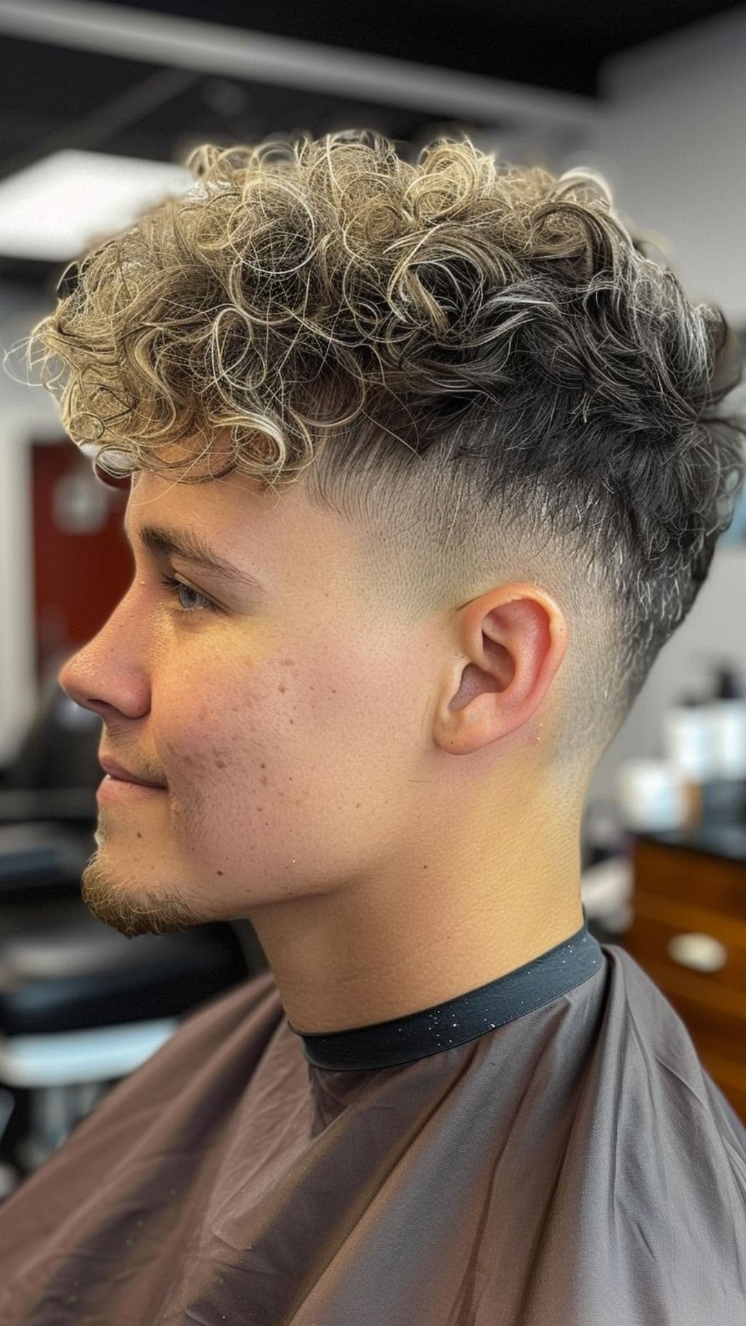 A man modelling a short curly cut with faded undercut.