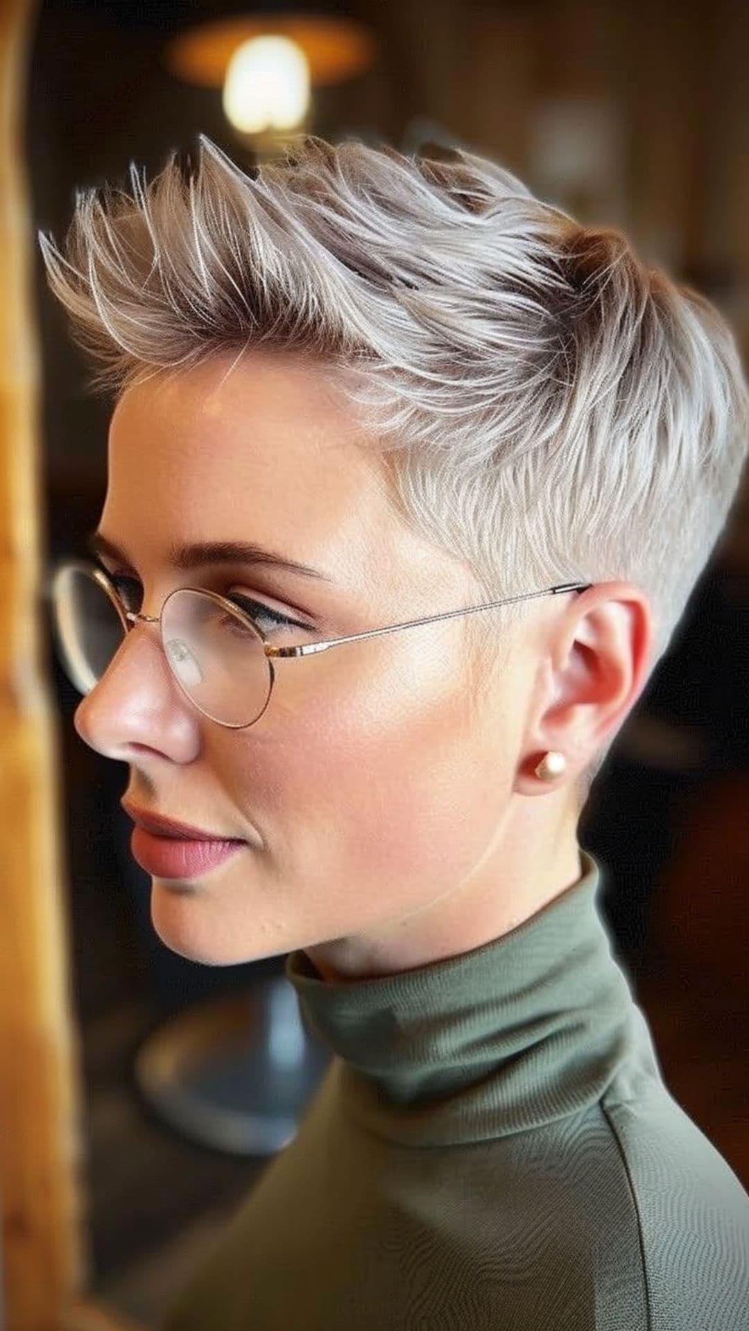 A woman modelling a short pixie with a quiff.