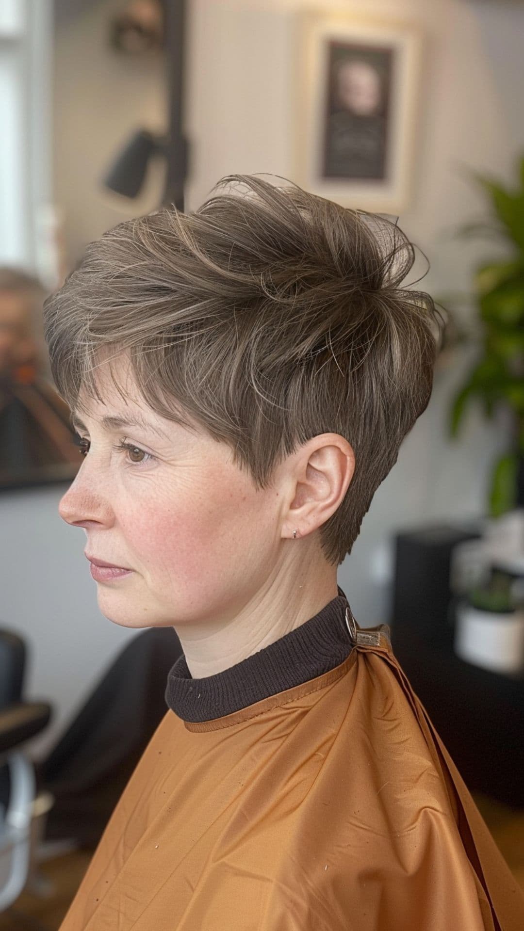 An old woman modelling a short, textured and layered pixie crop.