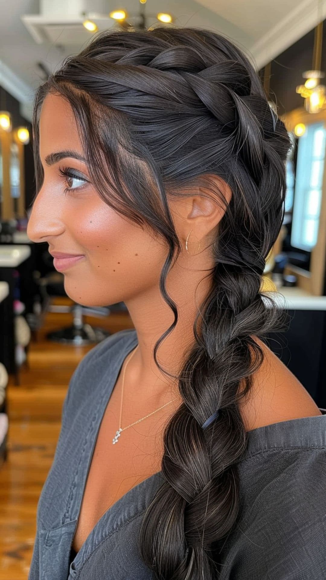 Una mujer modelando un peinado con trenzas laterales.