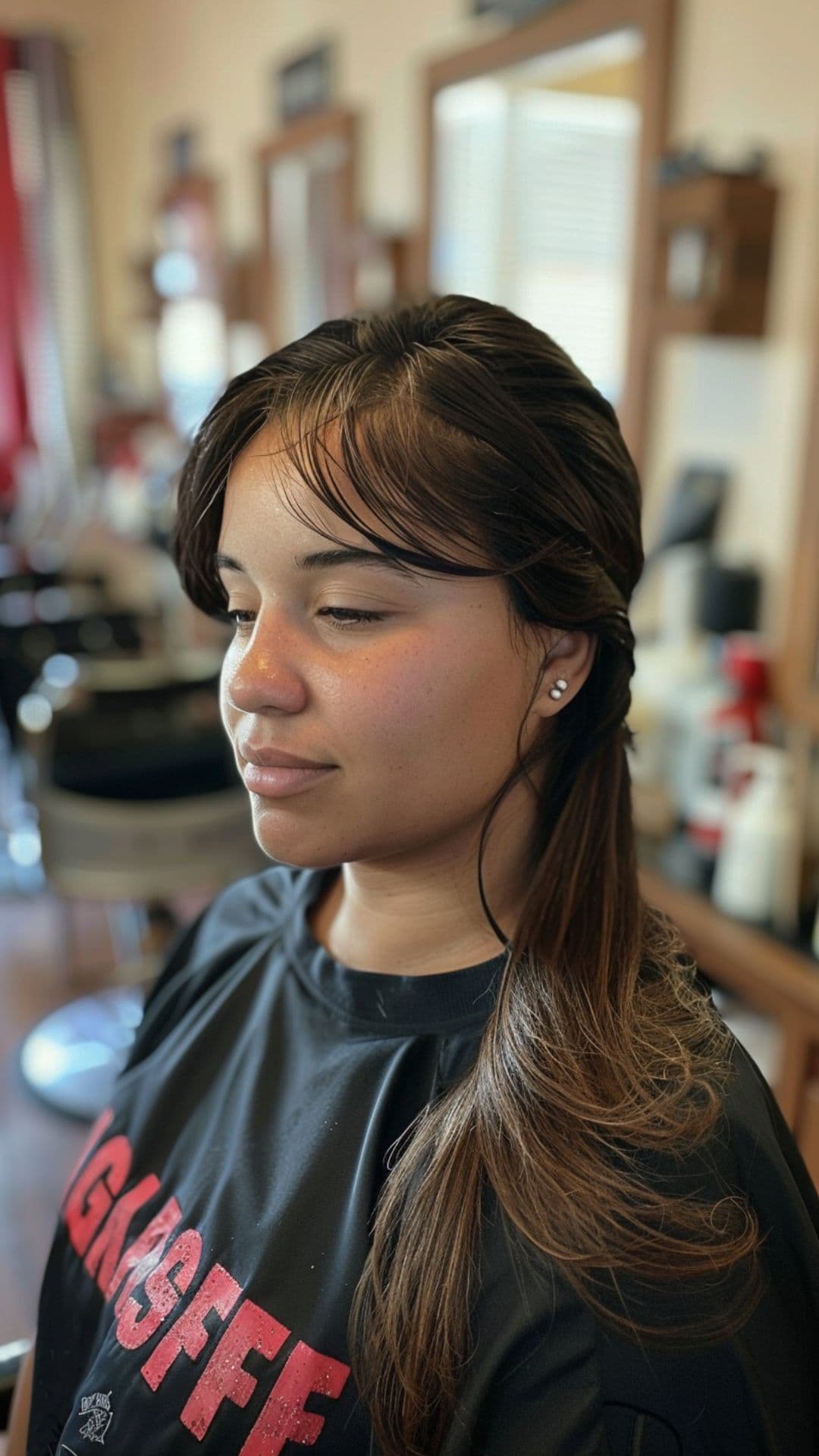 Una mujer modelando un cabello con raya a un lado.