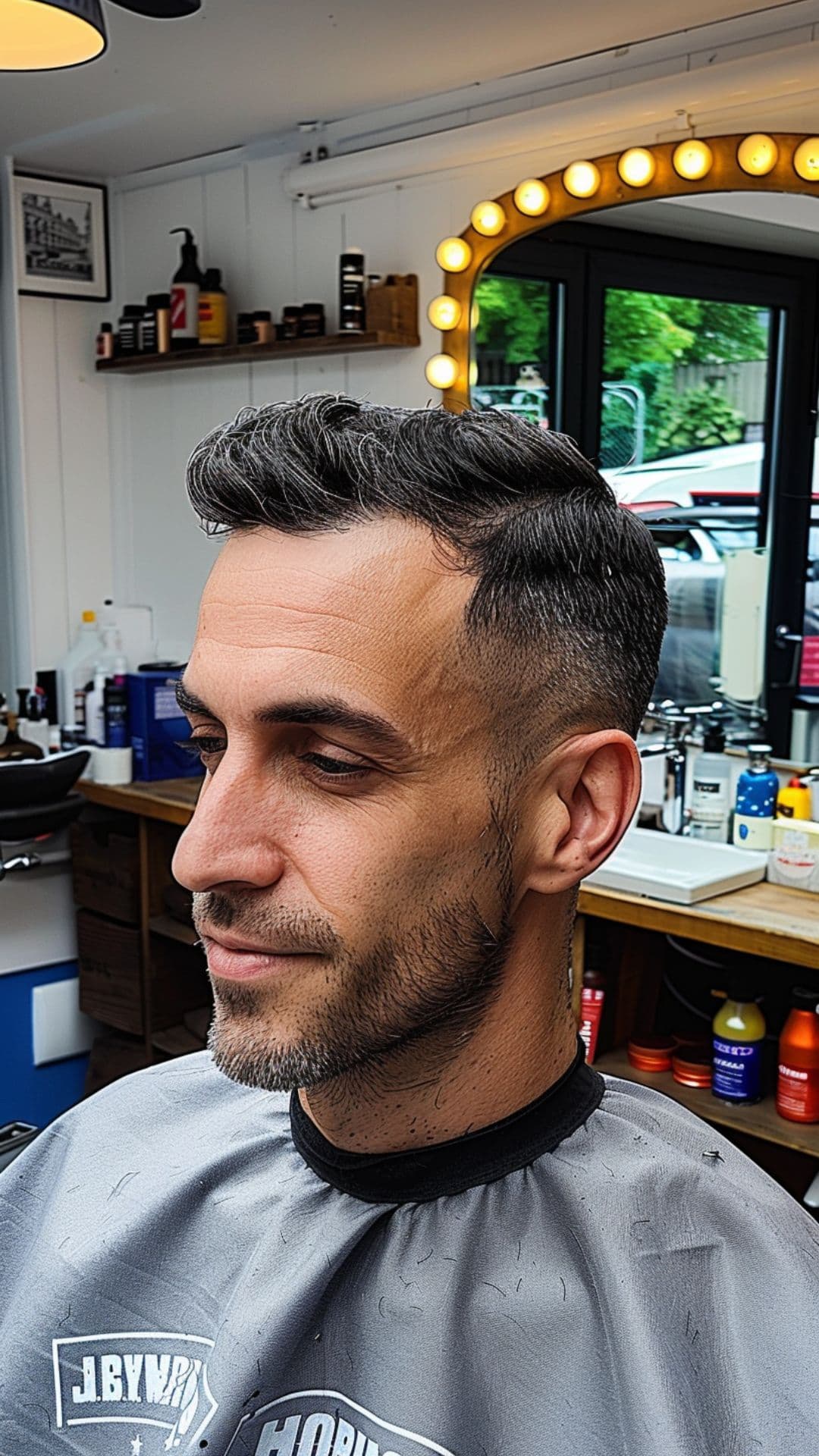 A middle aged man modelling a side part haircut.