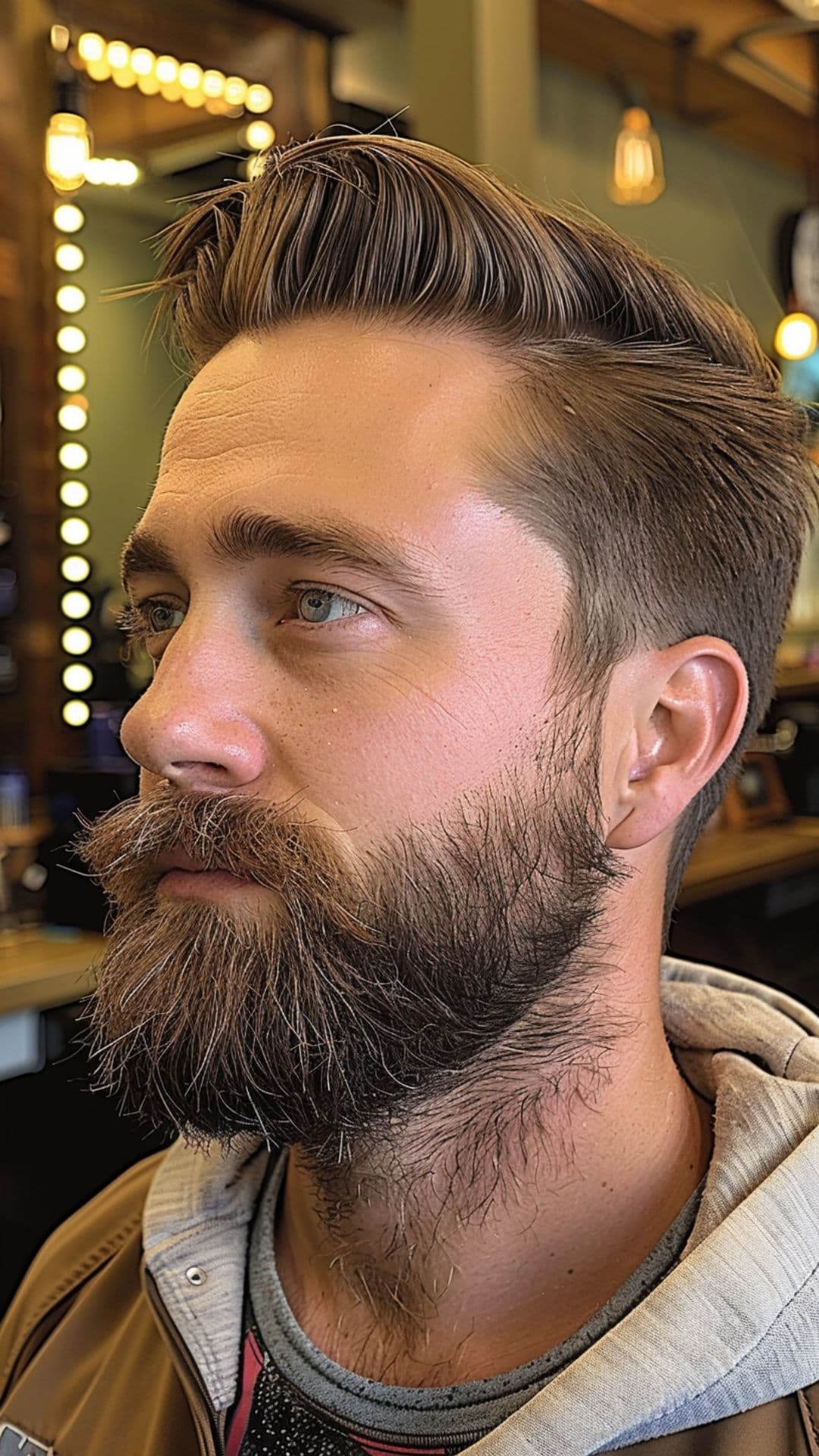 A man modelling a side part style with beard.