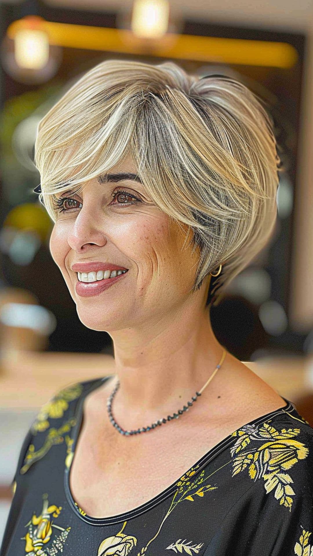 An old woman modelling a side-swept pixie bob.