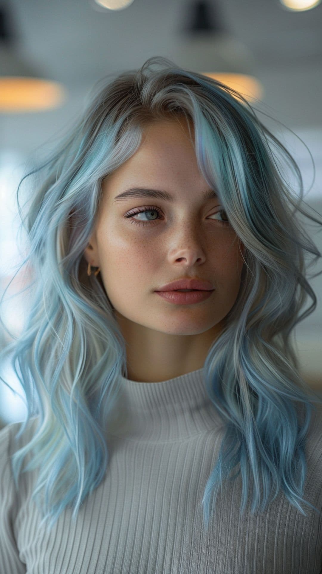 A woman modelling a silver and blue hair.