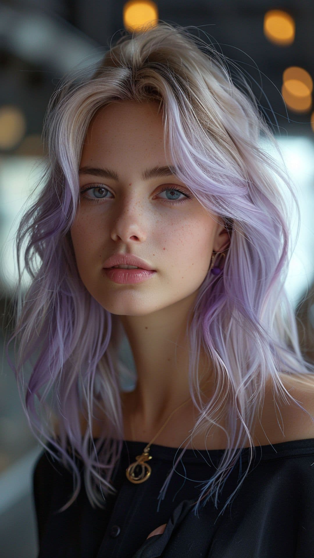 A woman modelling a silver and lavender hair.