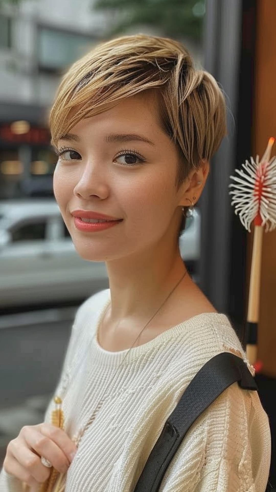A woman modelling a sleek pixie cut with side part.