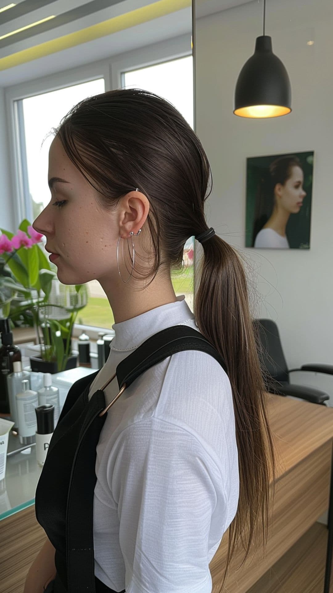 A round-faced woman modelling a sleek ponytail.