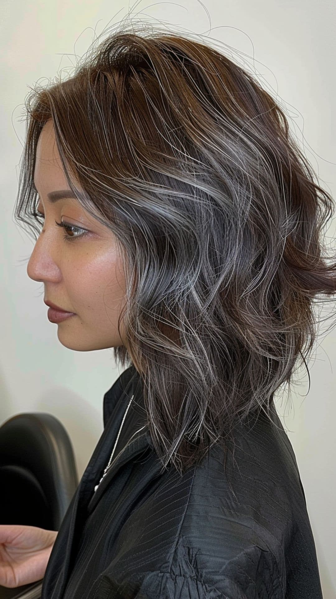 A woman modelling a black hair with silver highlights.