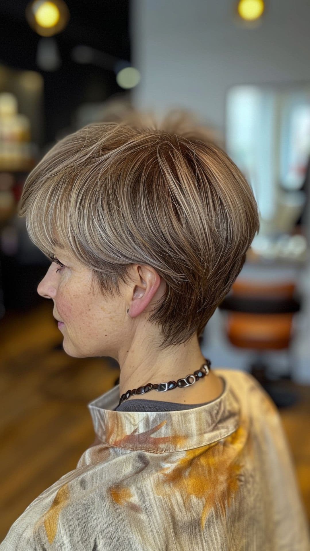 An old woman modelling a sleek and tapered pixie bob.