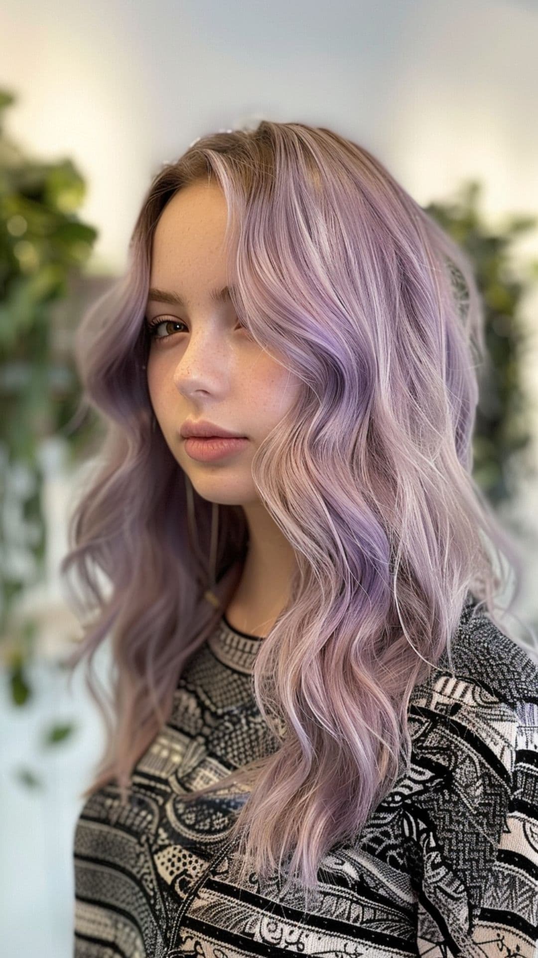 A young woman modelling a smokey lilac hair.