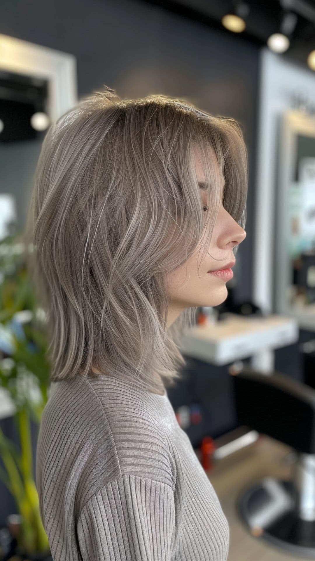 A woman modelling a short smoky gray hair.