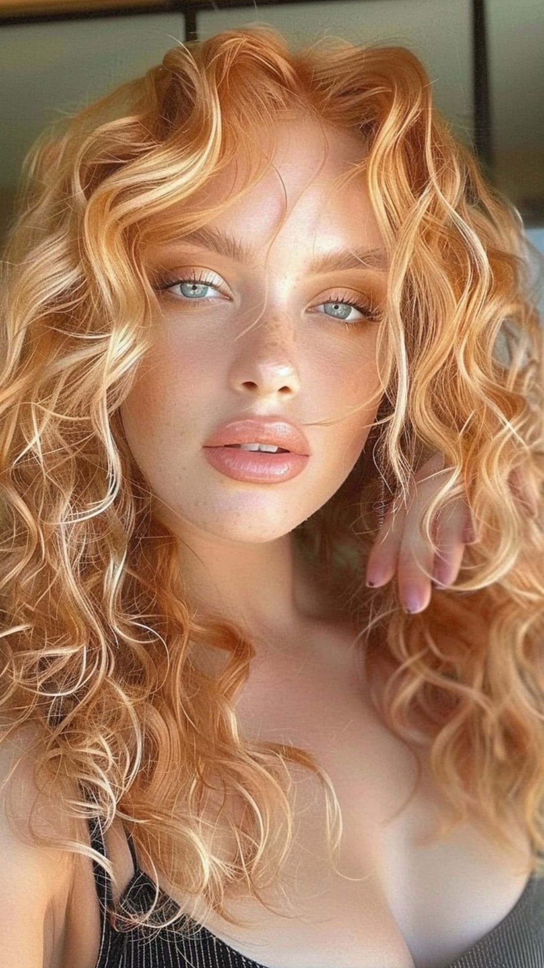 A woman modelling a strawberry blonde curly hair.
