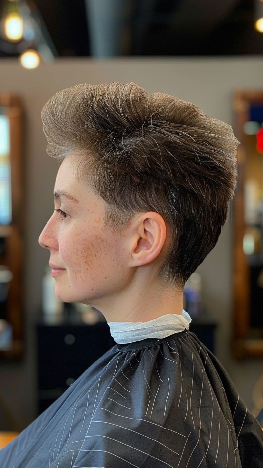 An old woman modelling a tapered cut with volume hair.