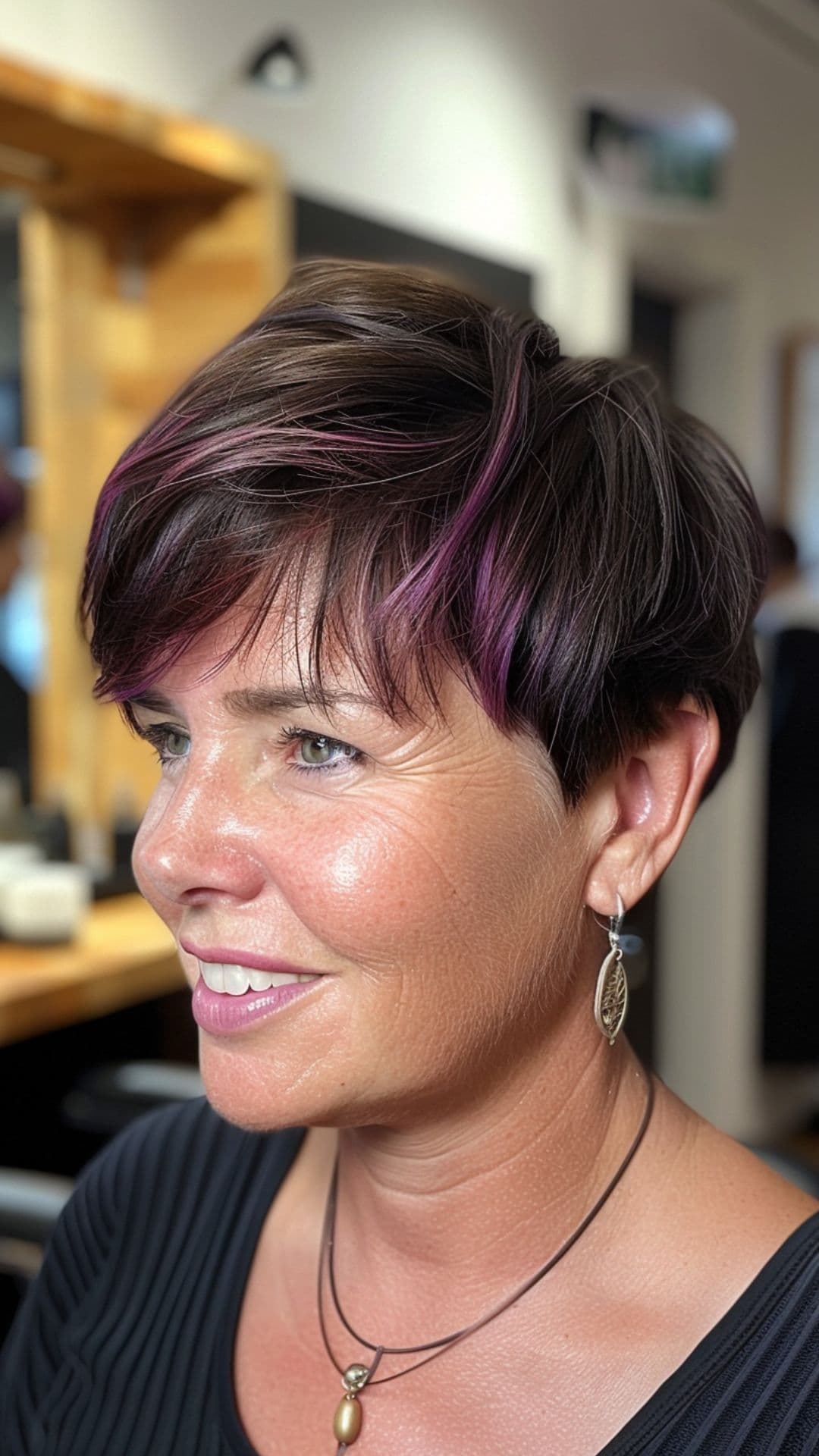 A round-faced woman modelling a textured pixie with fringe.