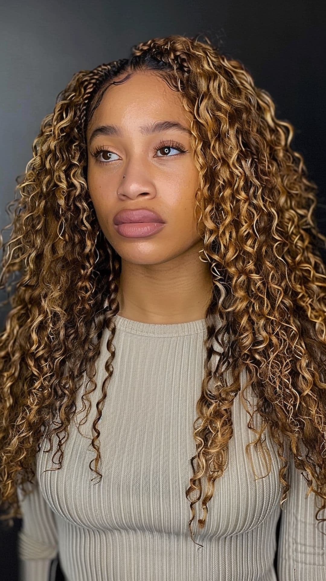 A woman modelling a toffee brown curly hair.