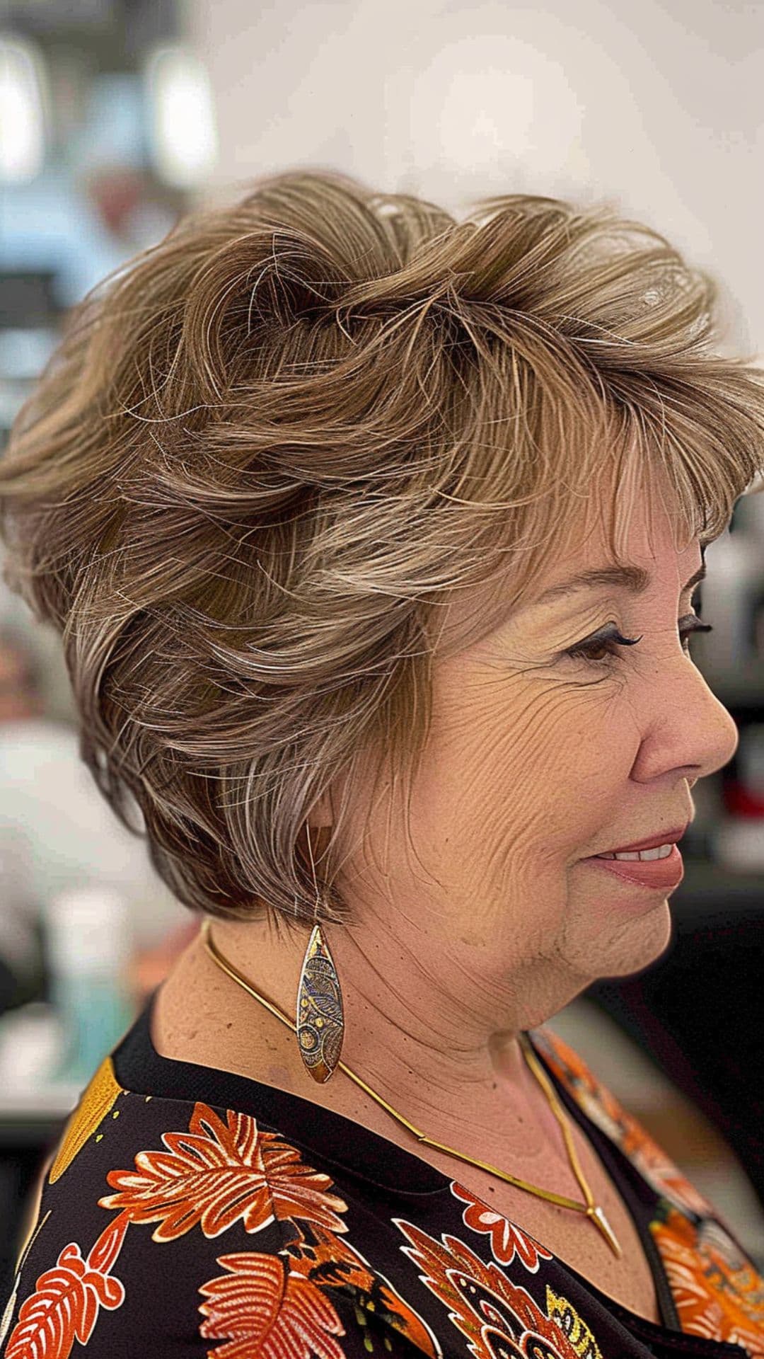 An old woman modelling a tousled pixied bob hair.