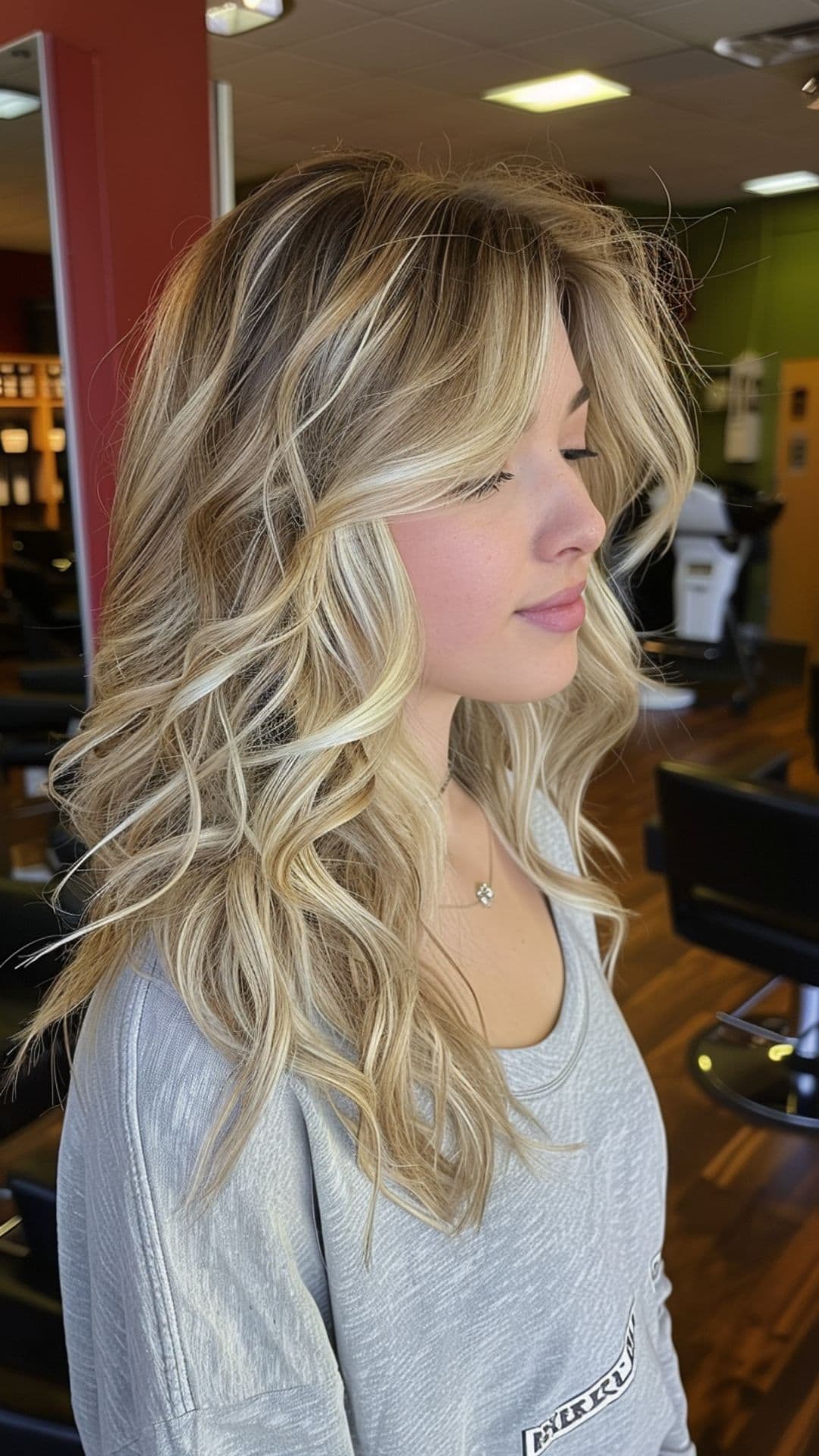 A woman modelling a warm beige blonde hair.