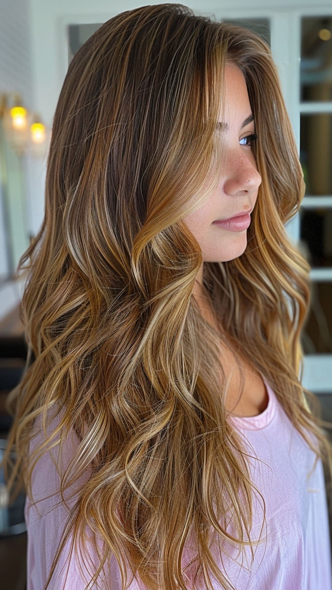 A young woman modelling a warm caramel hair.