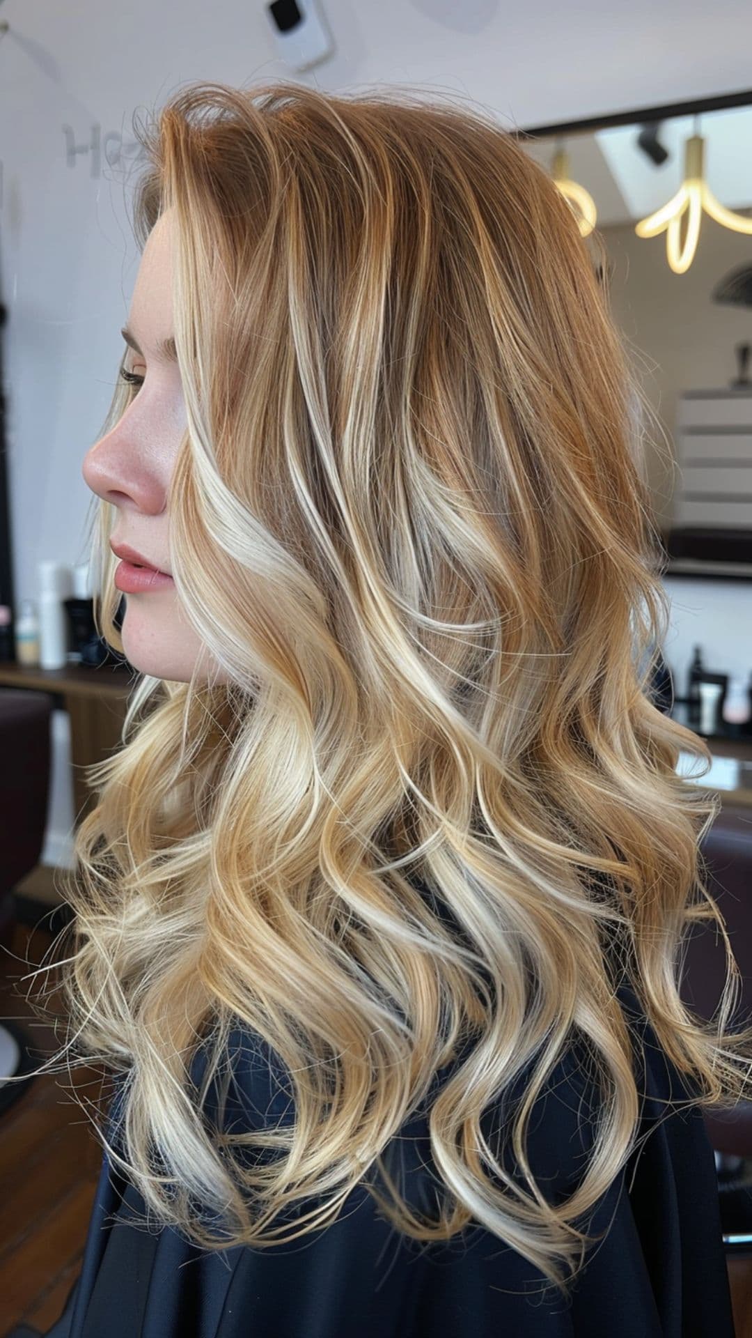 A woman modelling a warm honey blonde hair.