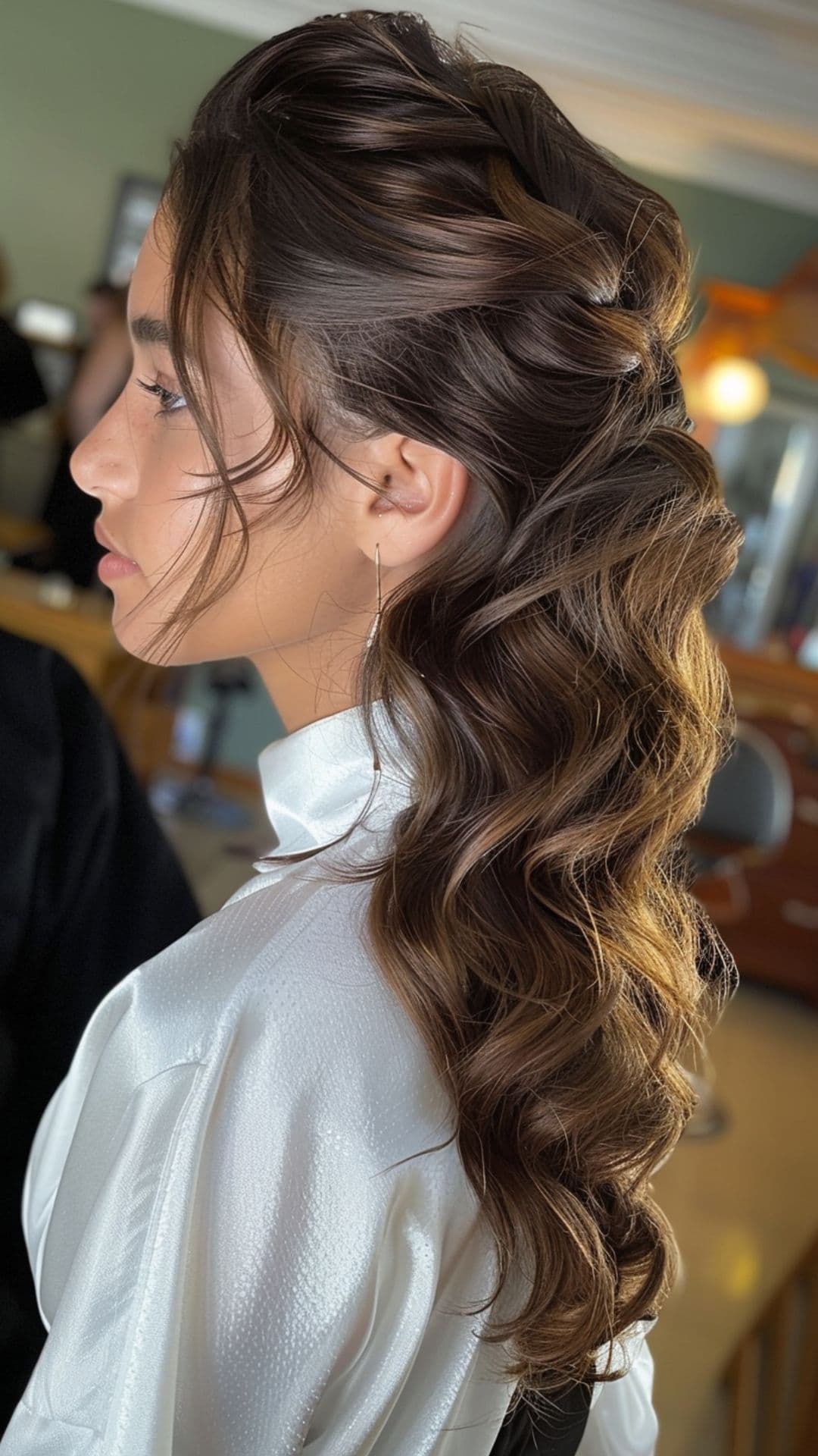 A woman modelling a wavy half-updo hairstyle.
