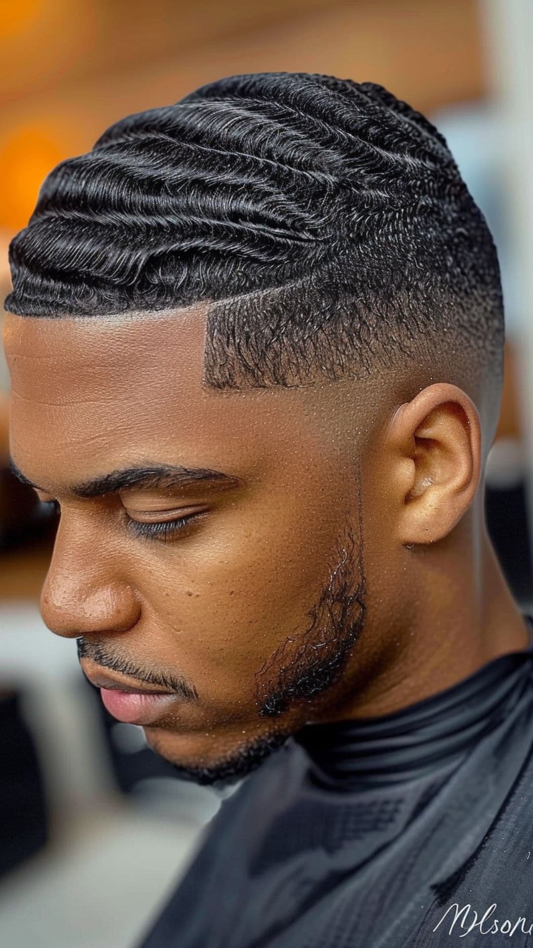A black man modelling a 360 Waves hairstyle.