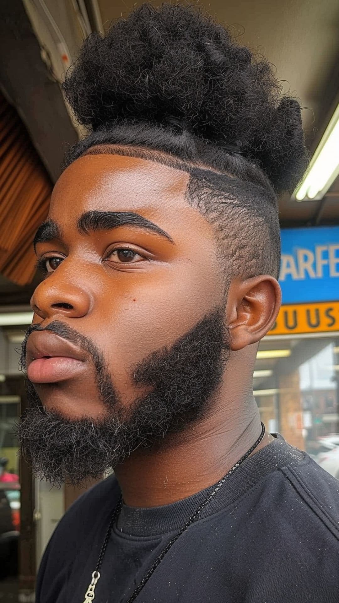 A black man modelling an afro puff hairstyle.