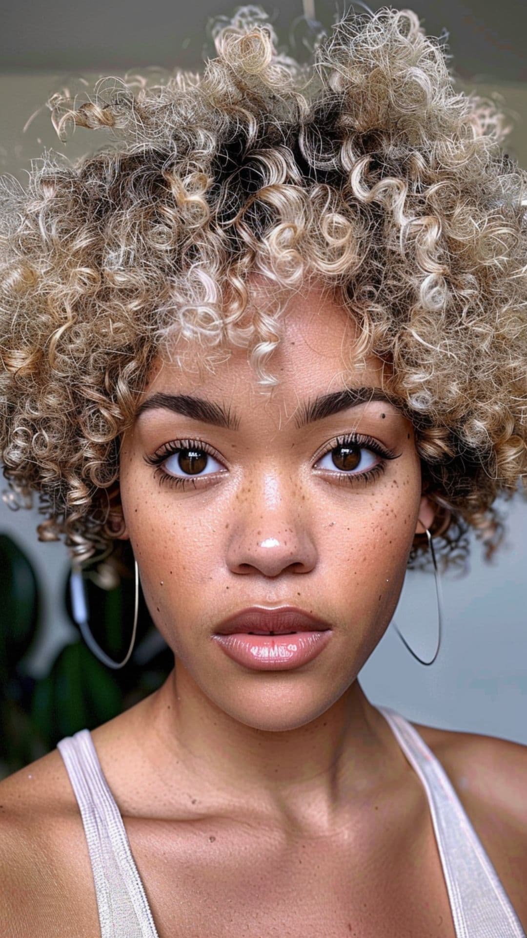 A black woman modelling an ash blonde afro hair.