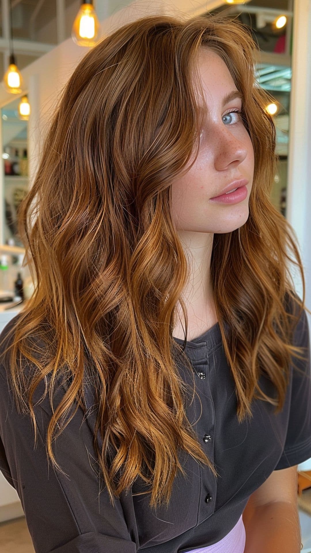 Uma mulher modelando um cabelo castanho balayage.