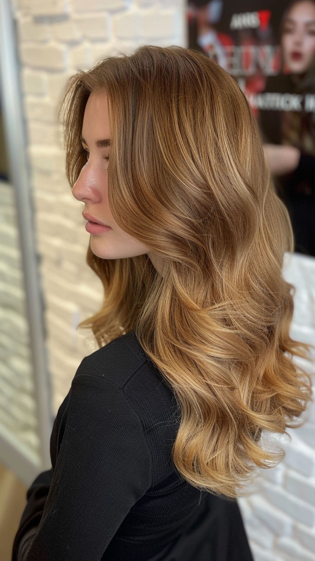 Uma mulher modelando um balayage castanho avermelhado.