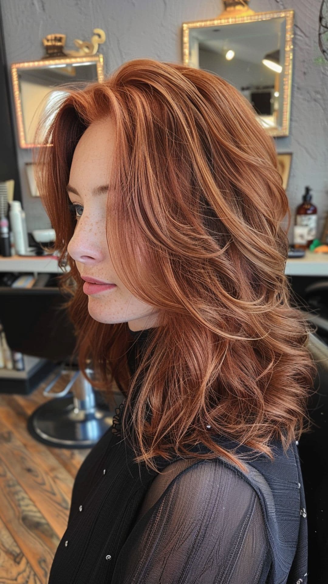 Uma mulher modelando um cabelo castanho com mechas caramelo.